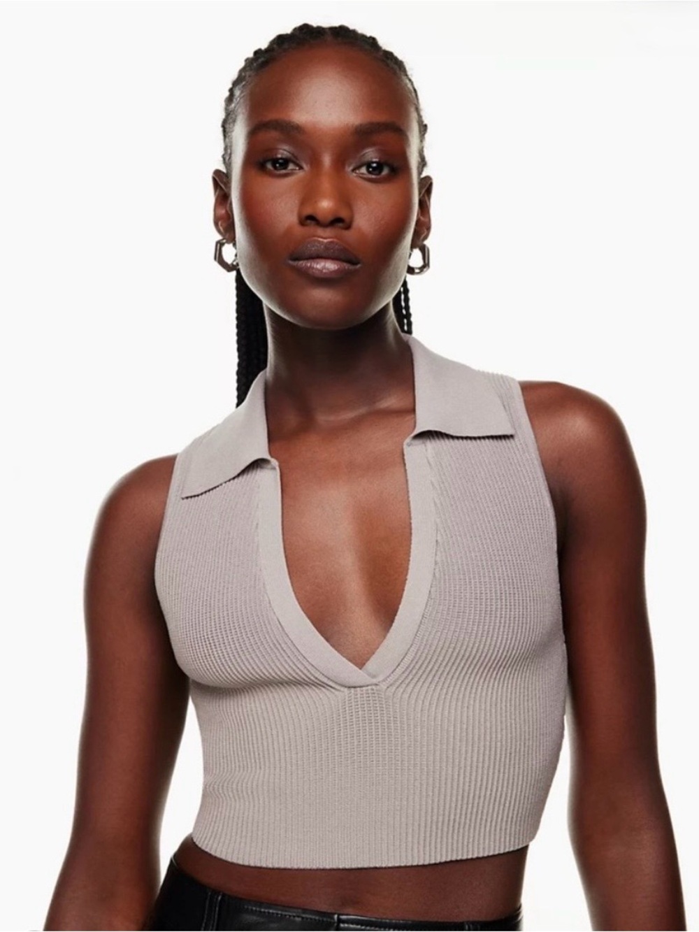 Aritzia Babaton Sculpt Knit Polo Top Cropped Sleeveless Ribbed Taupe S